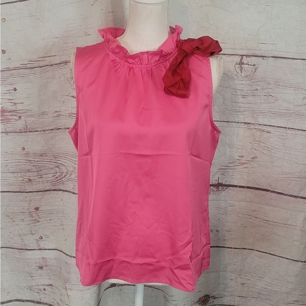 J. Crew Factory Pink Sleeveless Ruffle Neck Top with Red Bow